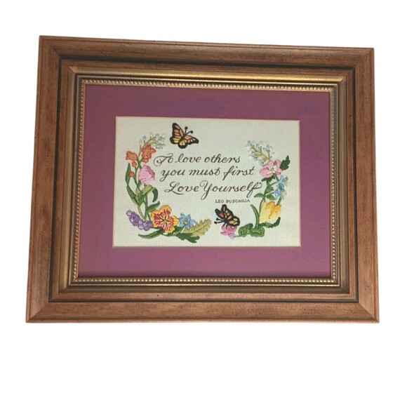 VTG Embroidered Quote Matted Wood  Framed By Leo Buscaglia Flowers Butterflies - Picture 1 of 11